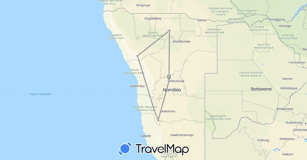 TravelMap itinerary: driving, plane in Namibia (Africa)