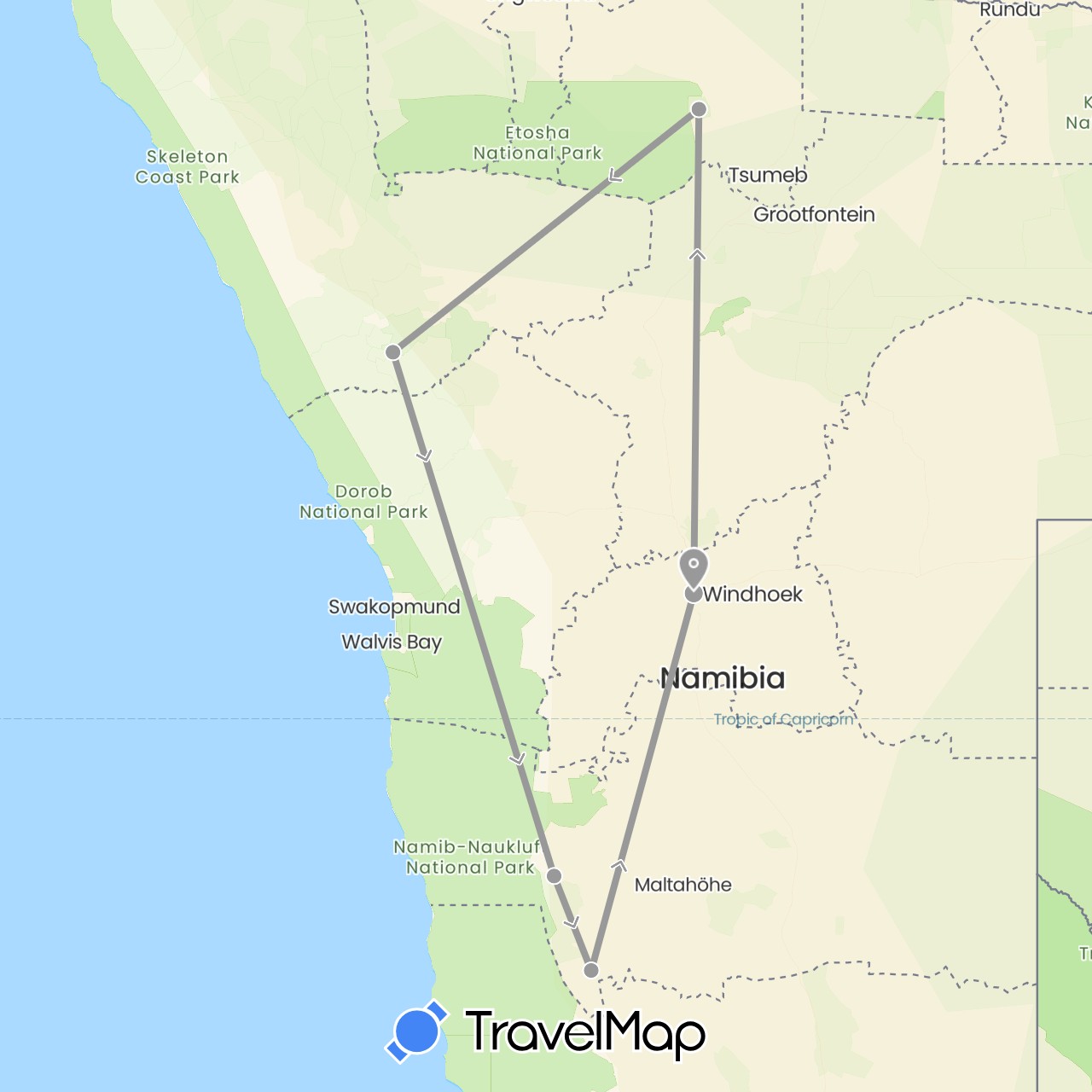 TravelMap itinerary: driving, plane in Namibia (Africa)