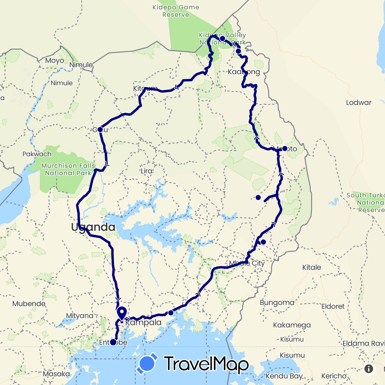 TravelMap itinerary: driving in Uganda (Africa)