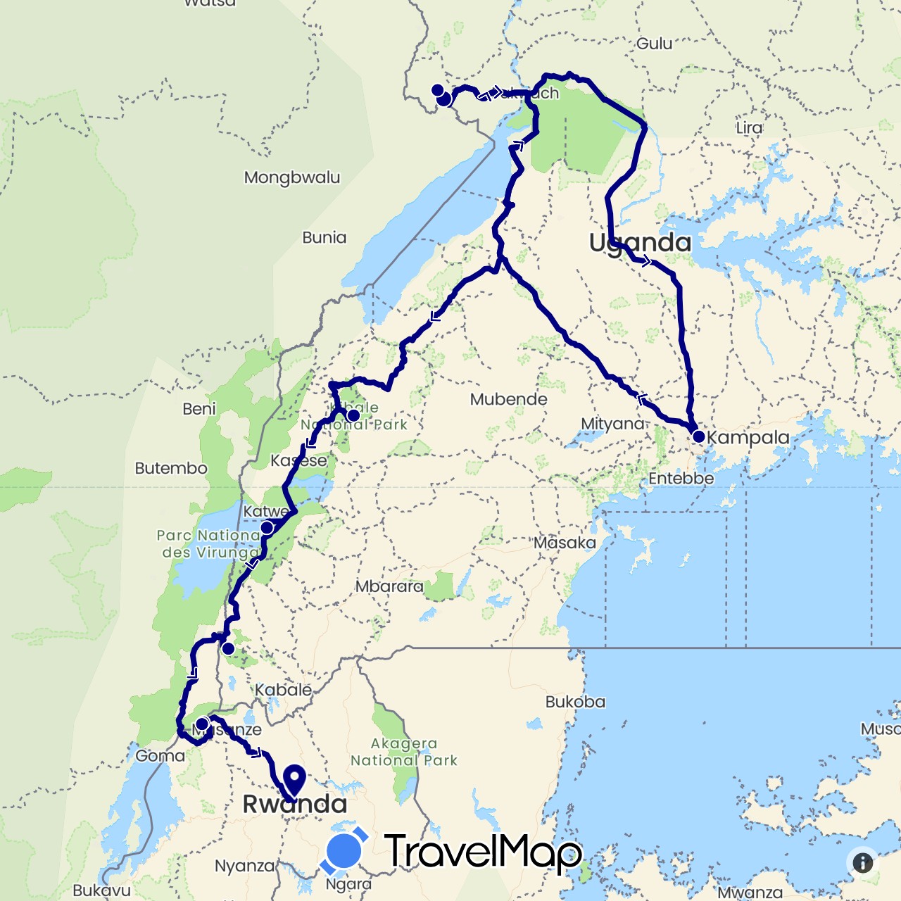 TravelMap itinerary: driving in Rwanda, Uganda (Africa)