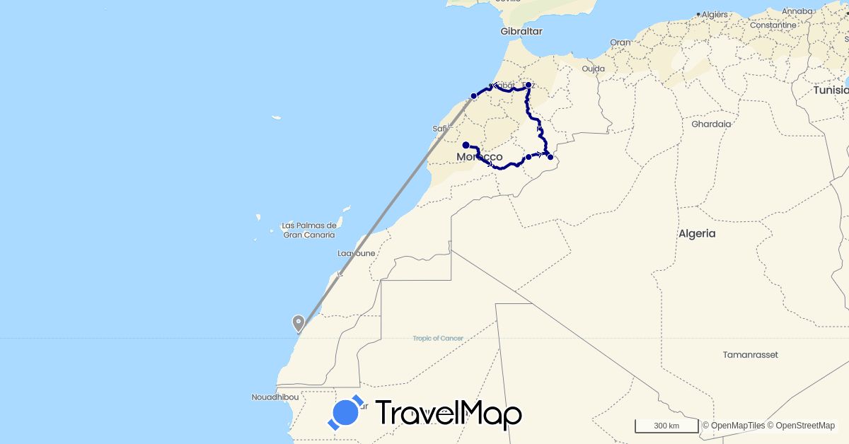 TravelMap itinerary: driving, plane in Morocco (Africa)