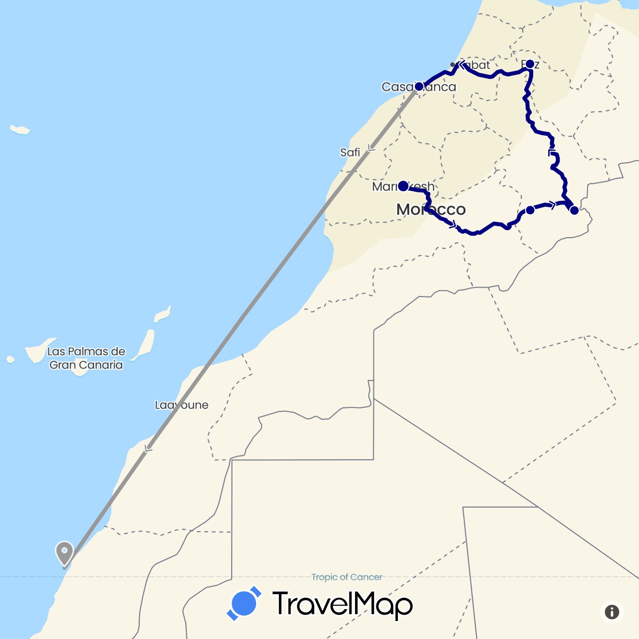 TravelMap itinerary: driving, plane in Morocco (Africa)