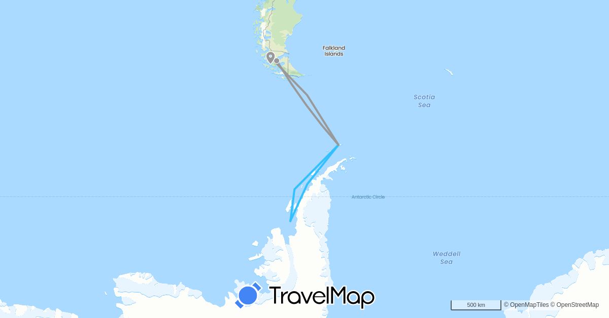 TravelMap itinerary: driving, plane, boat in Chile (South America)