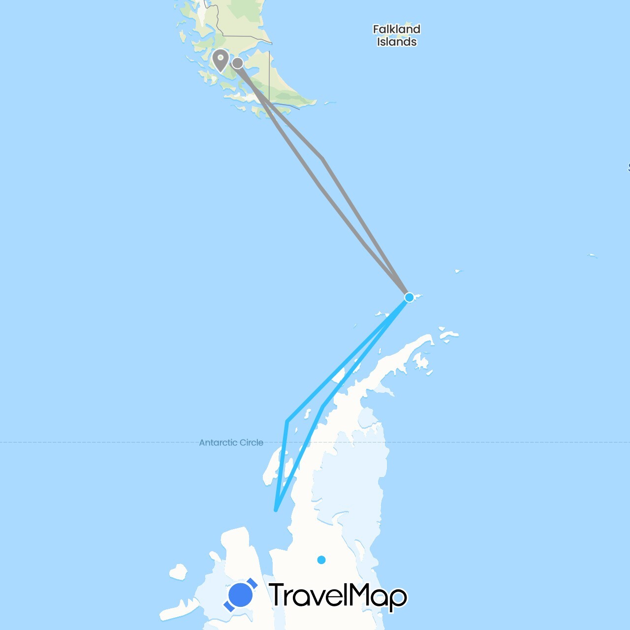 TravelMap itinerary: driving, plane, boat in Chile (South America)