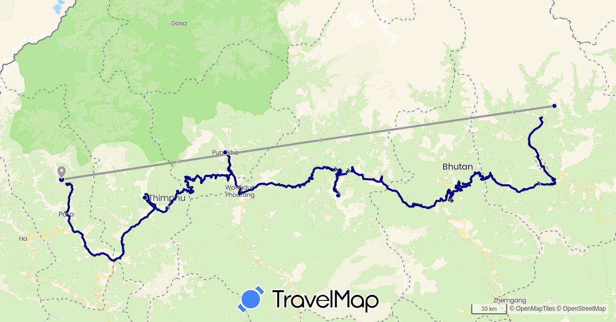 TravelMap itinerary: driving, plane in Bhutan (Asia)