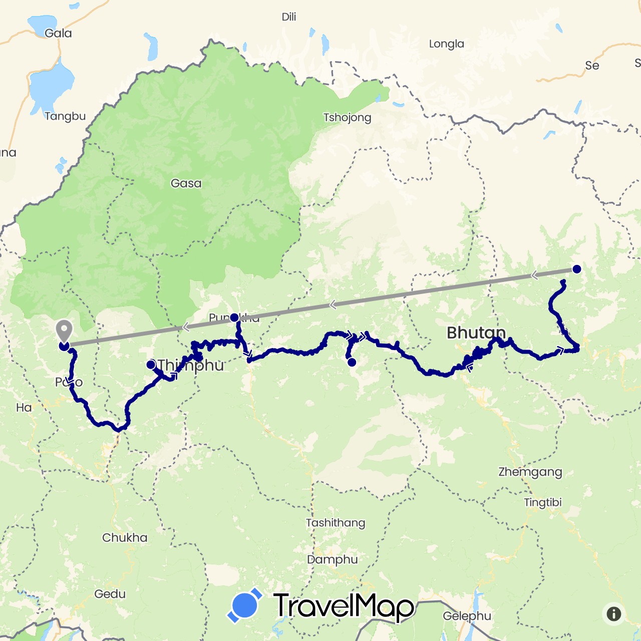 TravelMap itinerary: driving, plane in Bhutan (Asia)