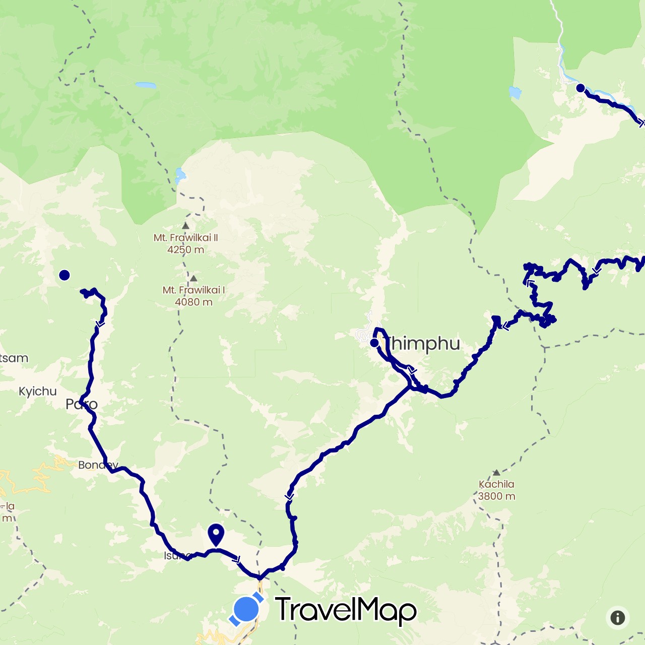 TravelMap itinerary: driving in Bhutan (Asia)