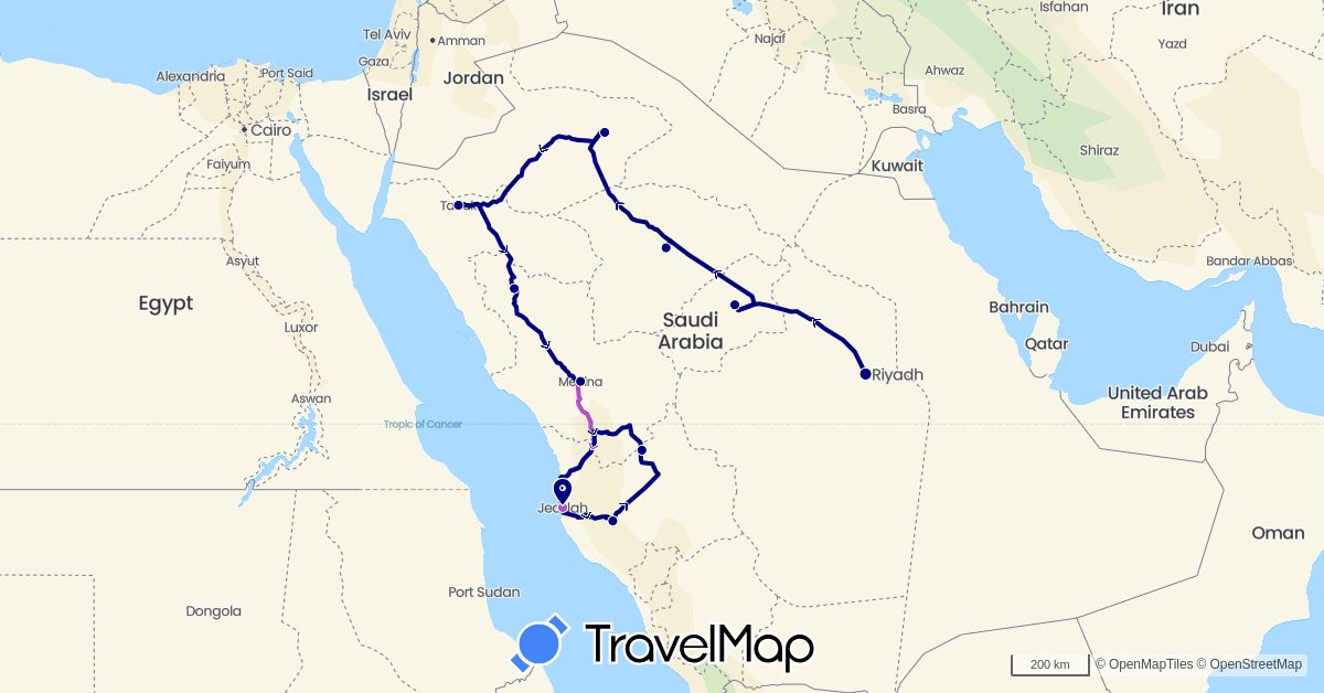 TravelMap itinerary: driving, train in Saudi Arabia (Asia)