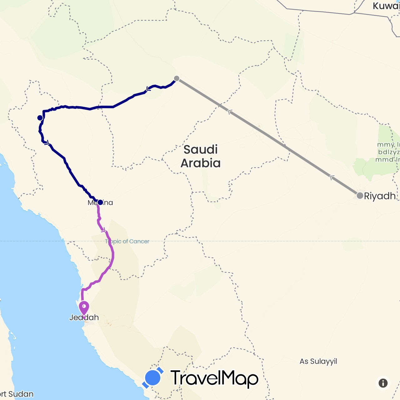 TravelMap itinerary: driving, plane, train in Saudi Arabia (Asia)