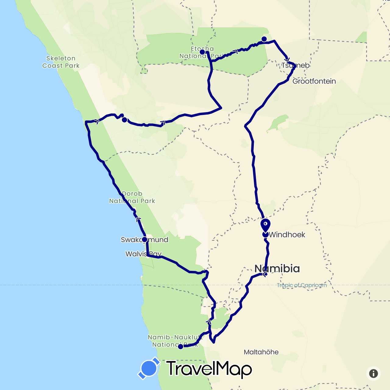 TravelMap itinerary: driving in Namibia (Africa)