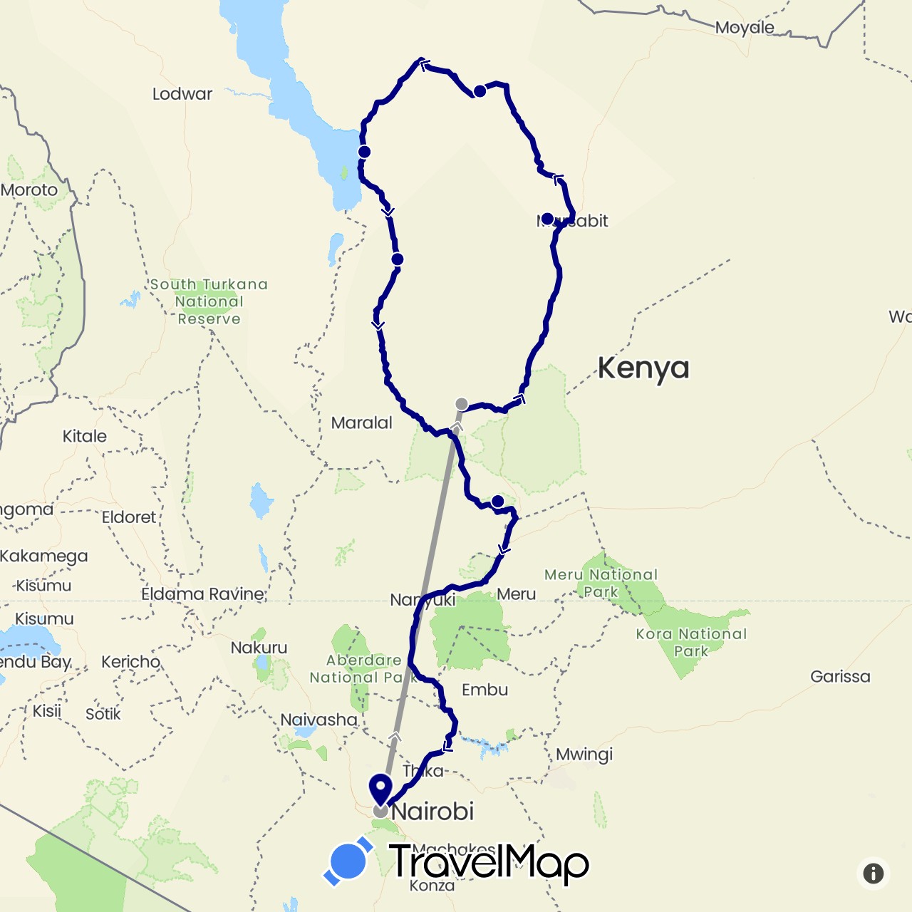 TravelMap itinerary: driving, plane in Kenya (Africa)