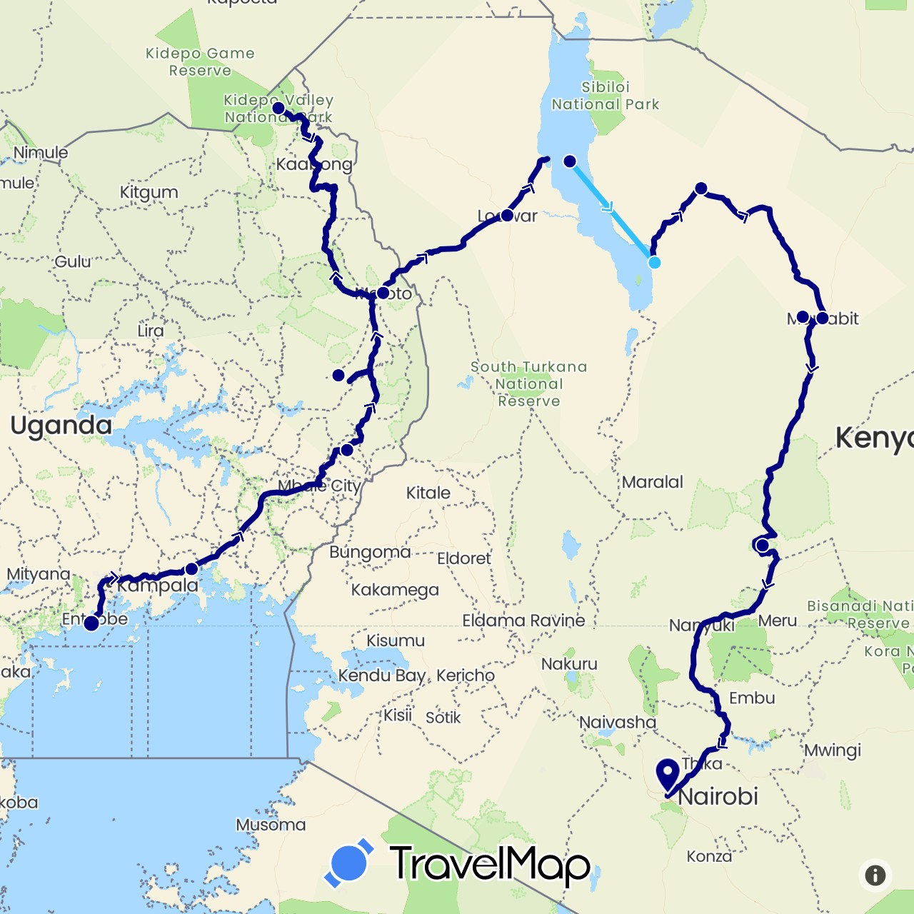 TravelMap itinerary: driving, boat in Kenya, Uganda (Africa)