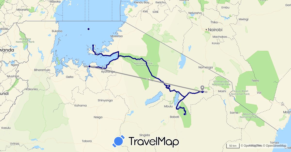 TravelMap itinerary: driving, plane in Tanzania (Africa)