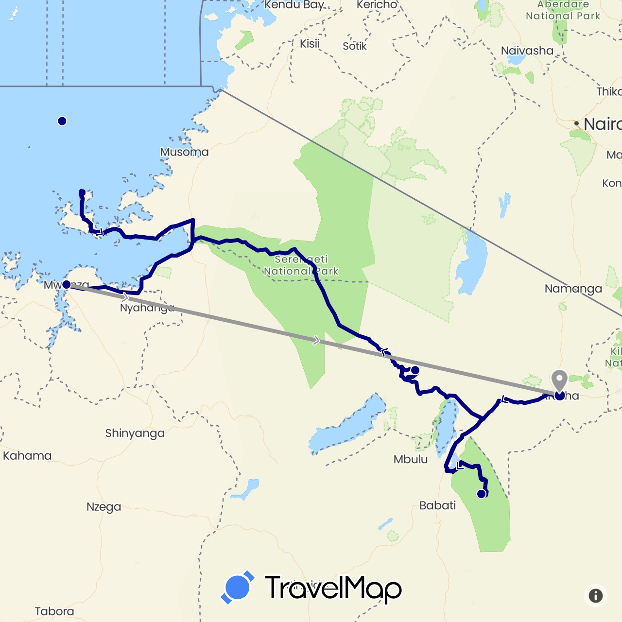 TravelMap itinerary: driving, plane in Tanzania (Africa)