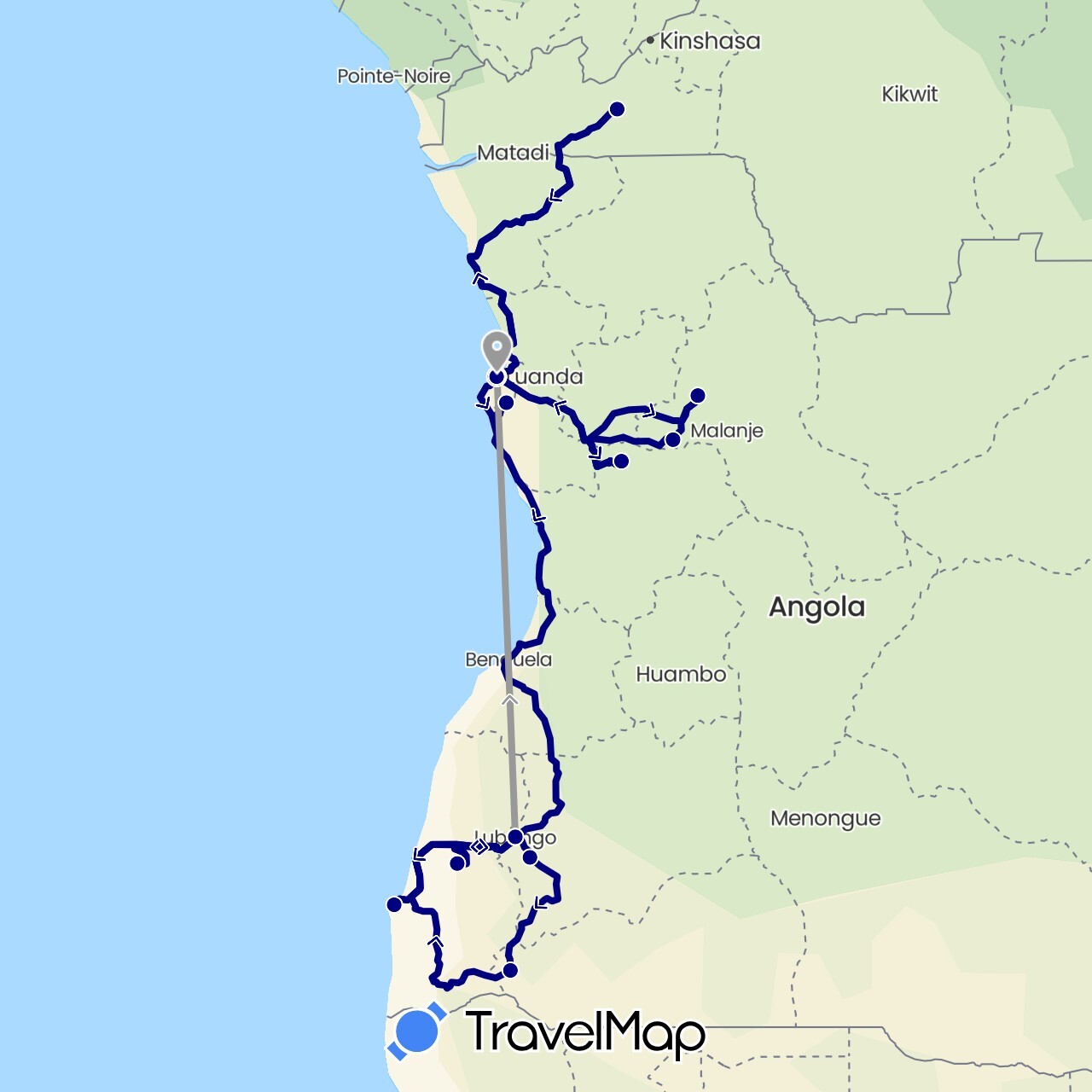 TravelMap itinerary: driving, plane in Angola, Democratic Republic of the Congo (Africa)