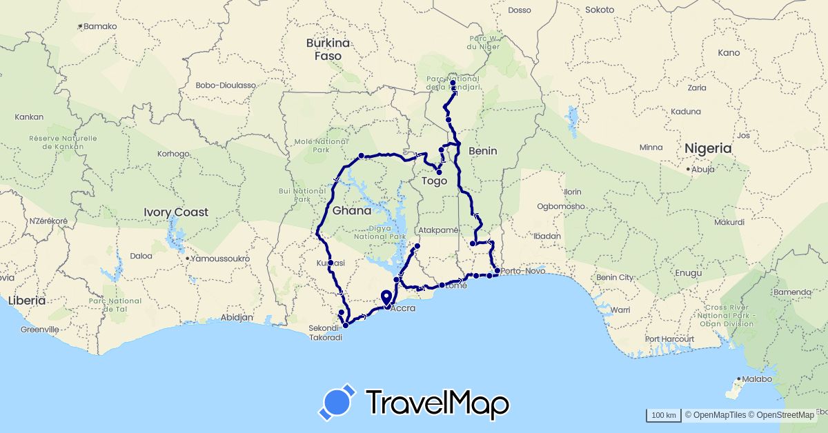 TravelMap itinerary: driving in Benin, Ghana, Togo (Africa)