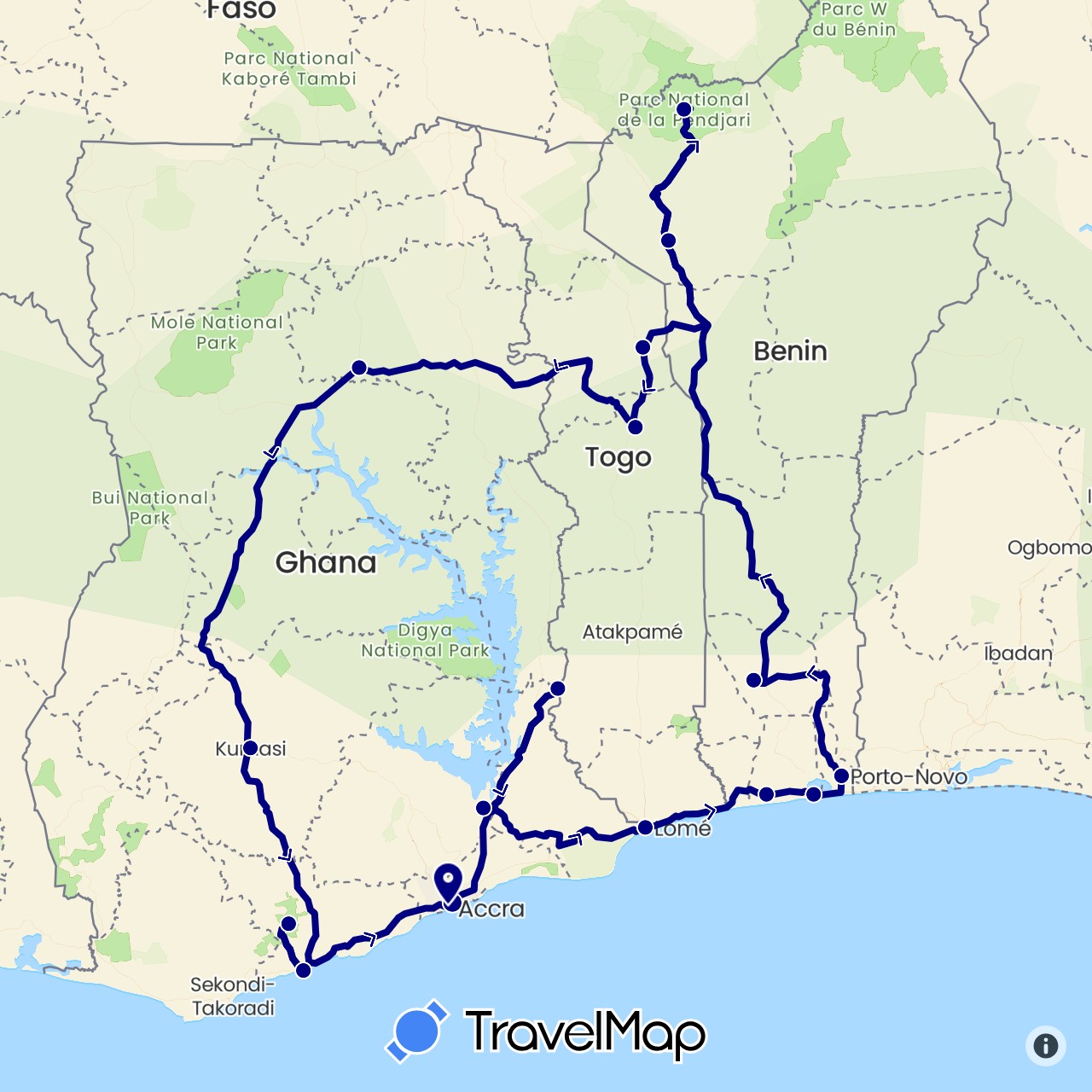 TravelMap itinerary: driving in Benin, Ghana, Togo (Africa)