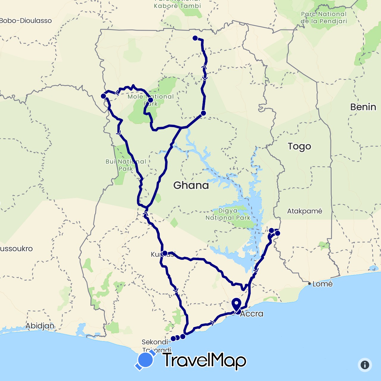 TravelMap itinerary: driving in Ghana (Africa)