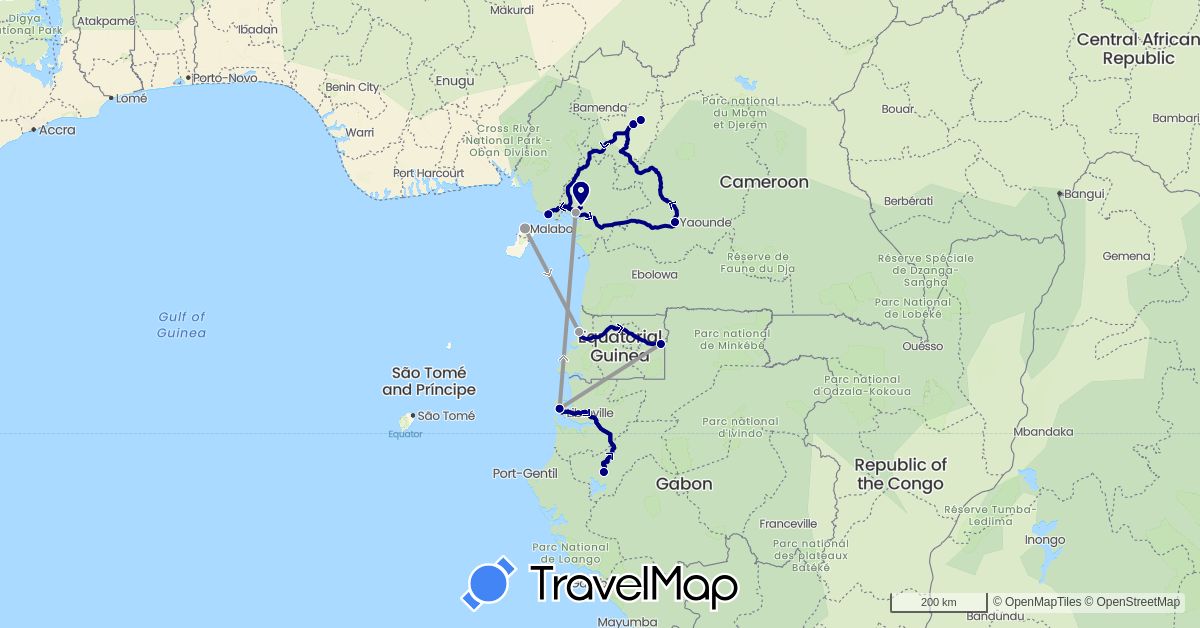 TravelMap itinerary: driving, plane in Cameroon, Gabon, Equatorial Guinea (Africa)