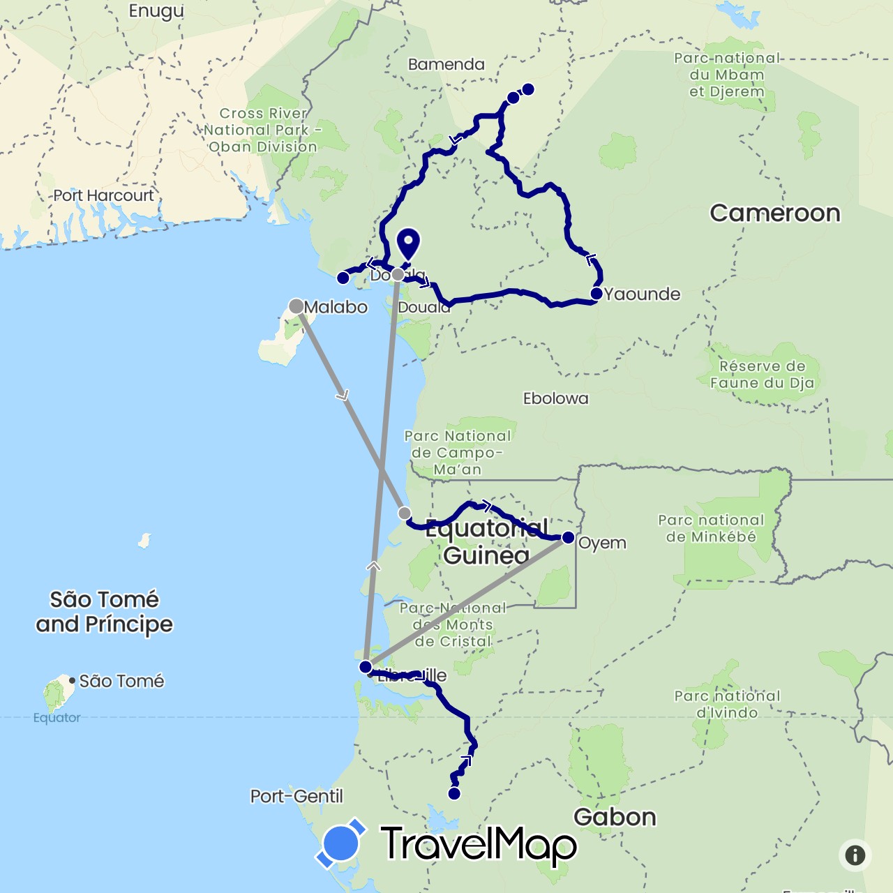 TravelMap itinerary: driving, plane in Cameroon, Gabon, Equatorial Guinea (Africa)