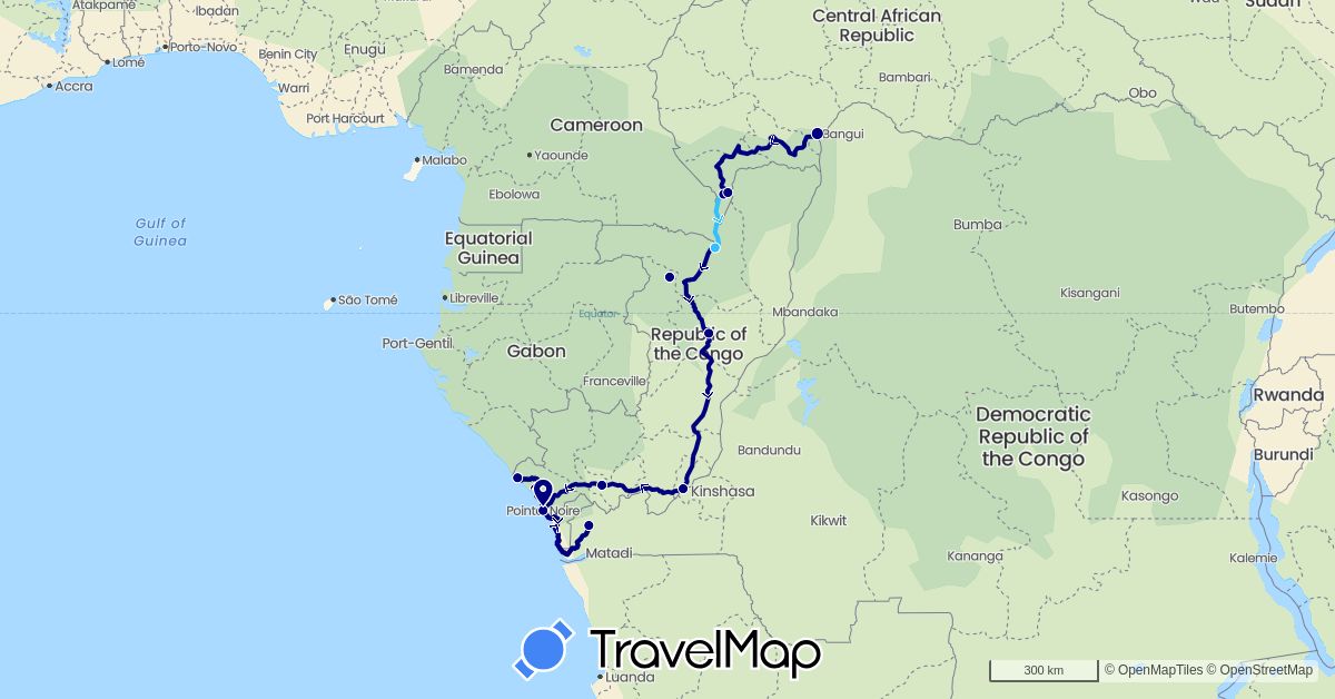 TravelMap itinerary: driving, boat in Democratic Republic of the Congo, Central African Republic, Republic of the Congo (Africa)