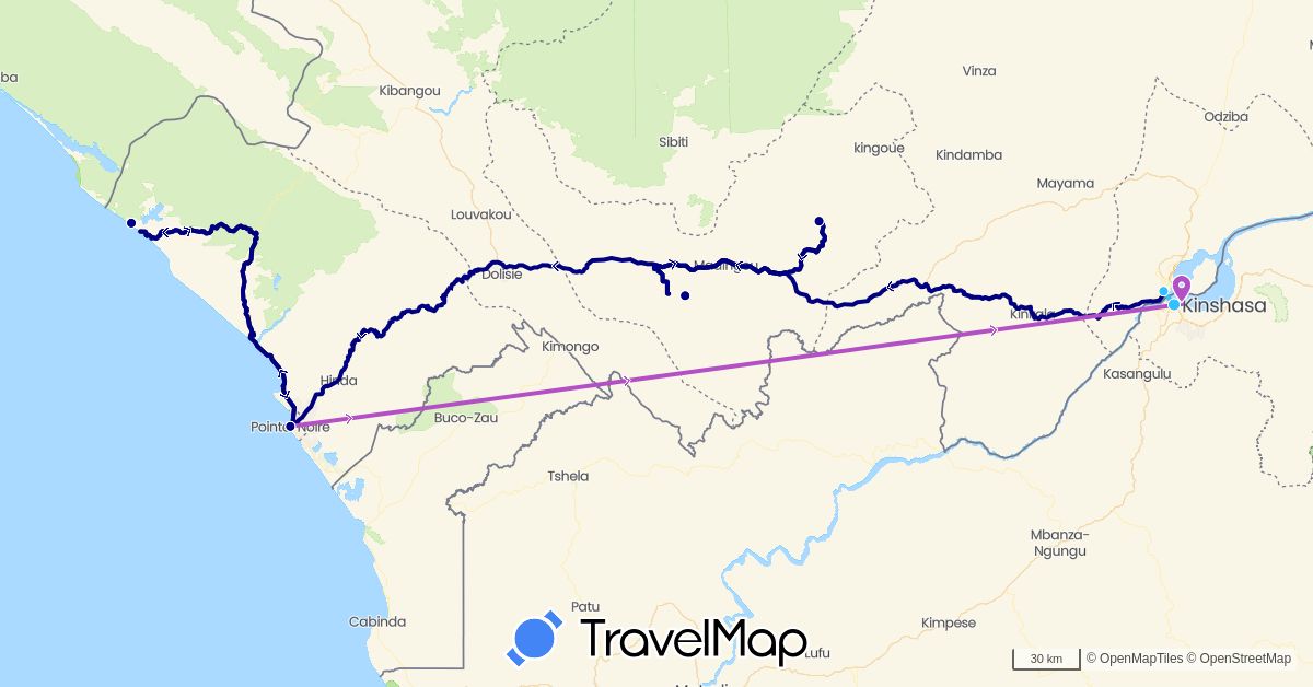 TravelMap itinerary: driving, train, boat in Democratic Republic of the Congo, Republic of the Congo (Africa)