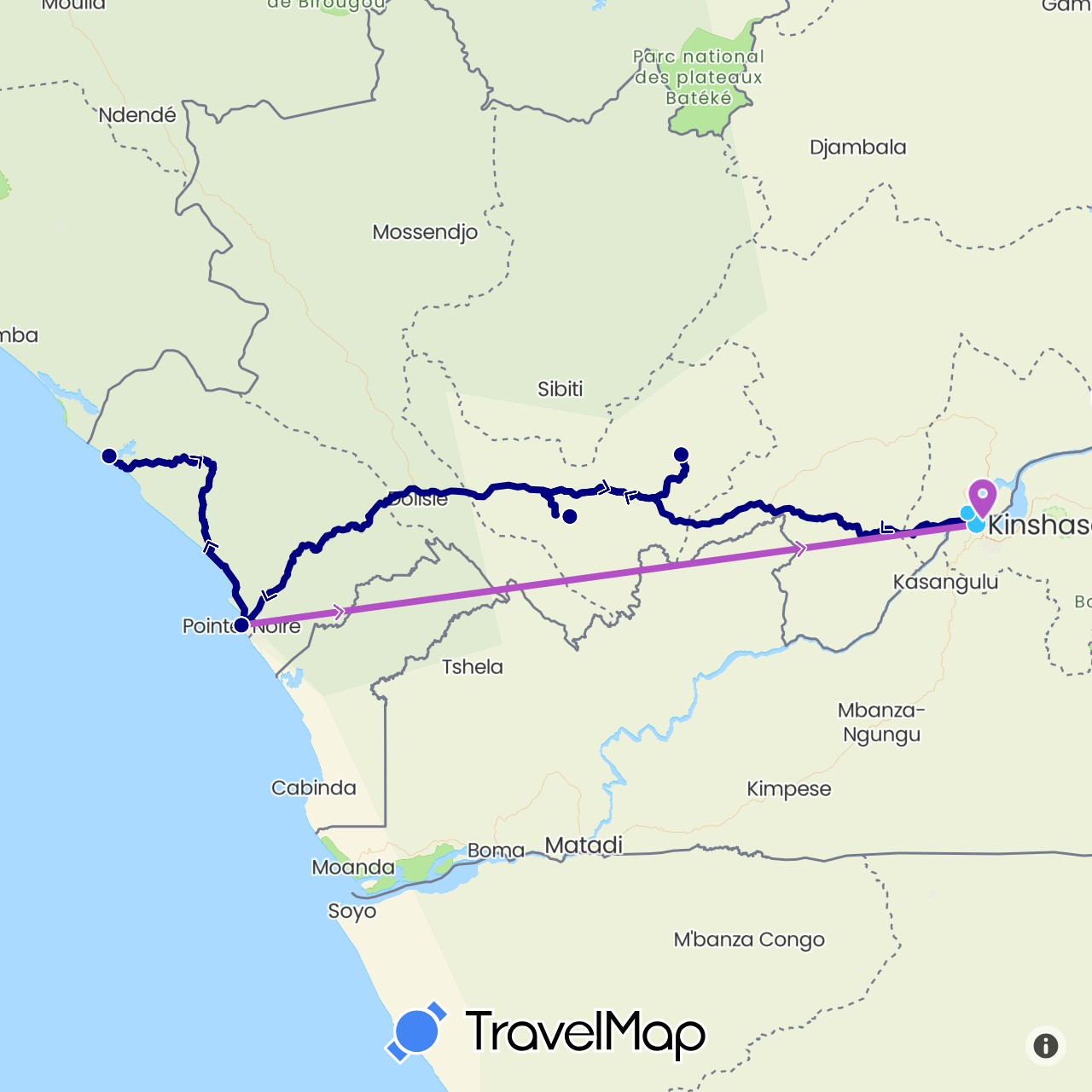 TravelMap itinerary: driving, train, boat in Democratic Republic of the Congo, Republic of the Congo (Africa)