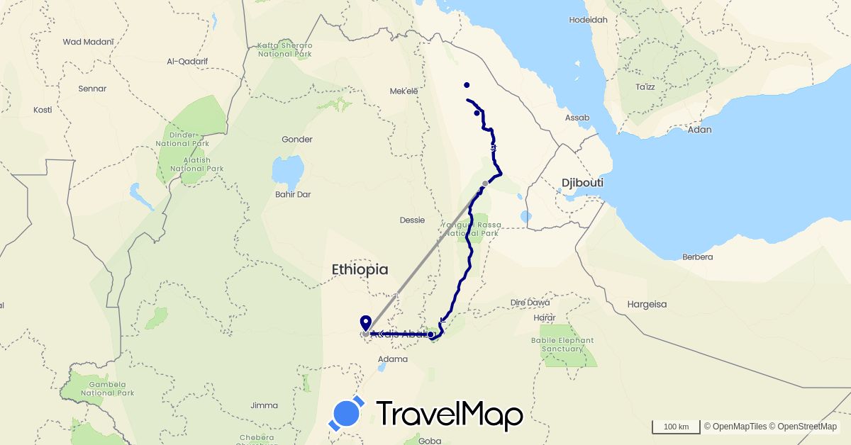 TravelMap itinerary: driving, plane in Ethiopia (Africa)