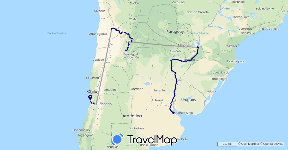 TravelMap itinerary: driving, plane in Argentina, Chile (South America)