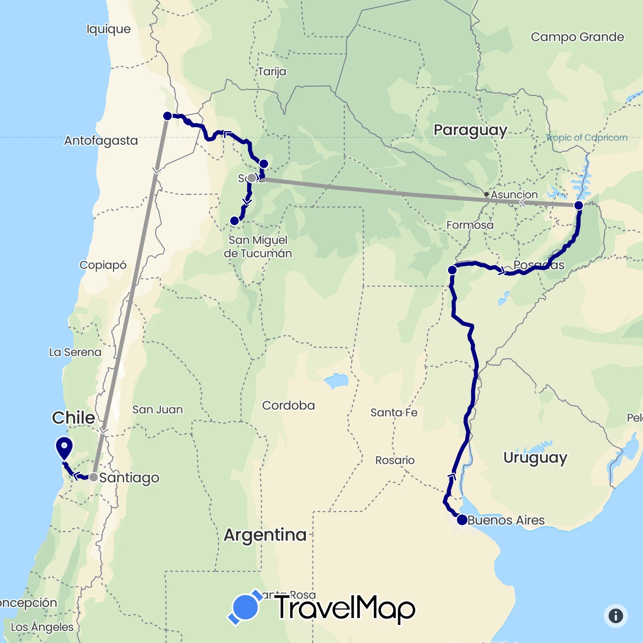 TravelMap itinerary: driving, plane in Argentina, Chile (South America)