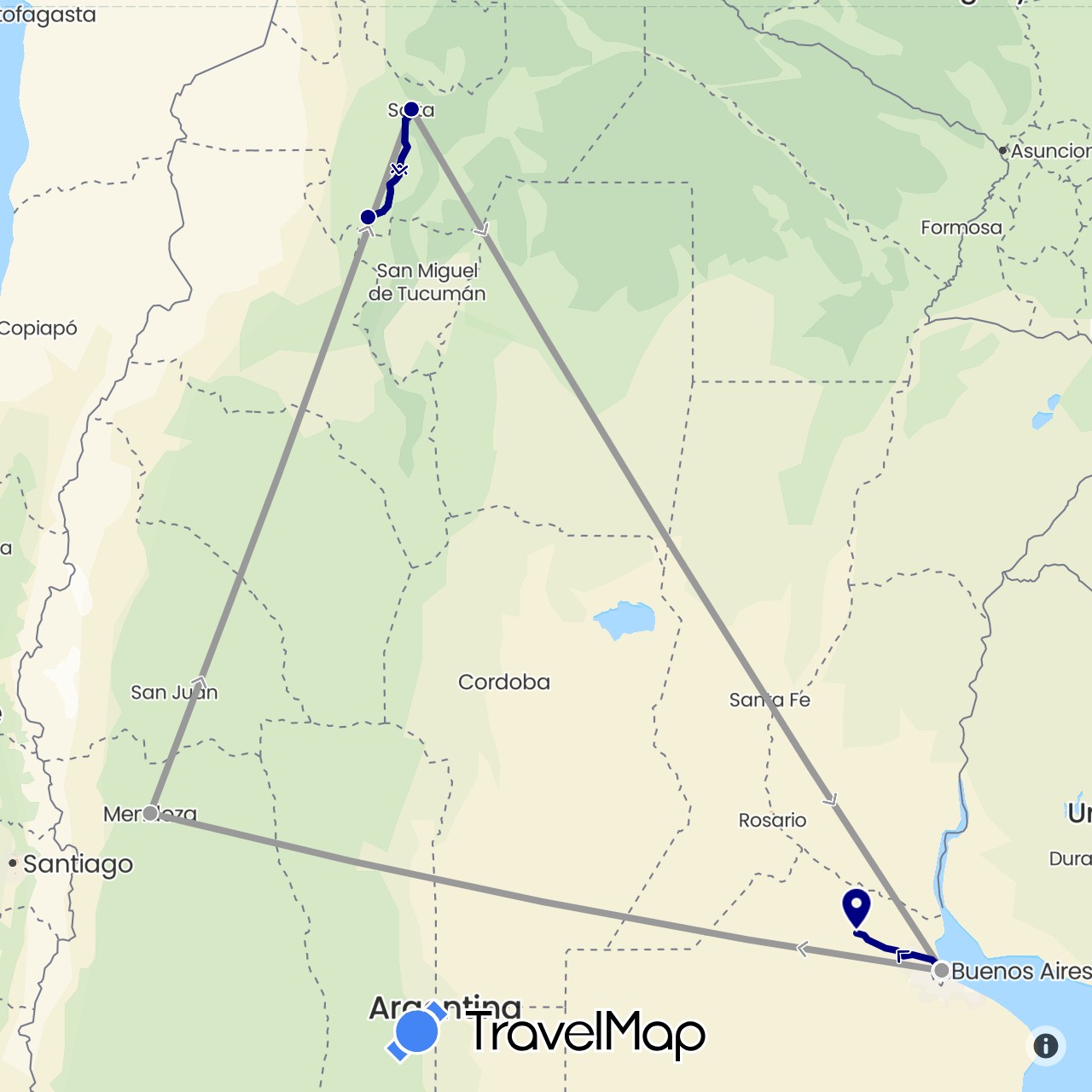 TravelMap itinerary: driving, plane in Argentina (South America)