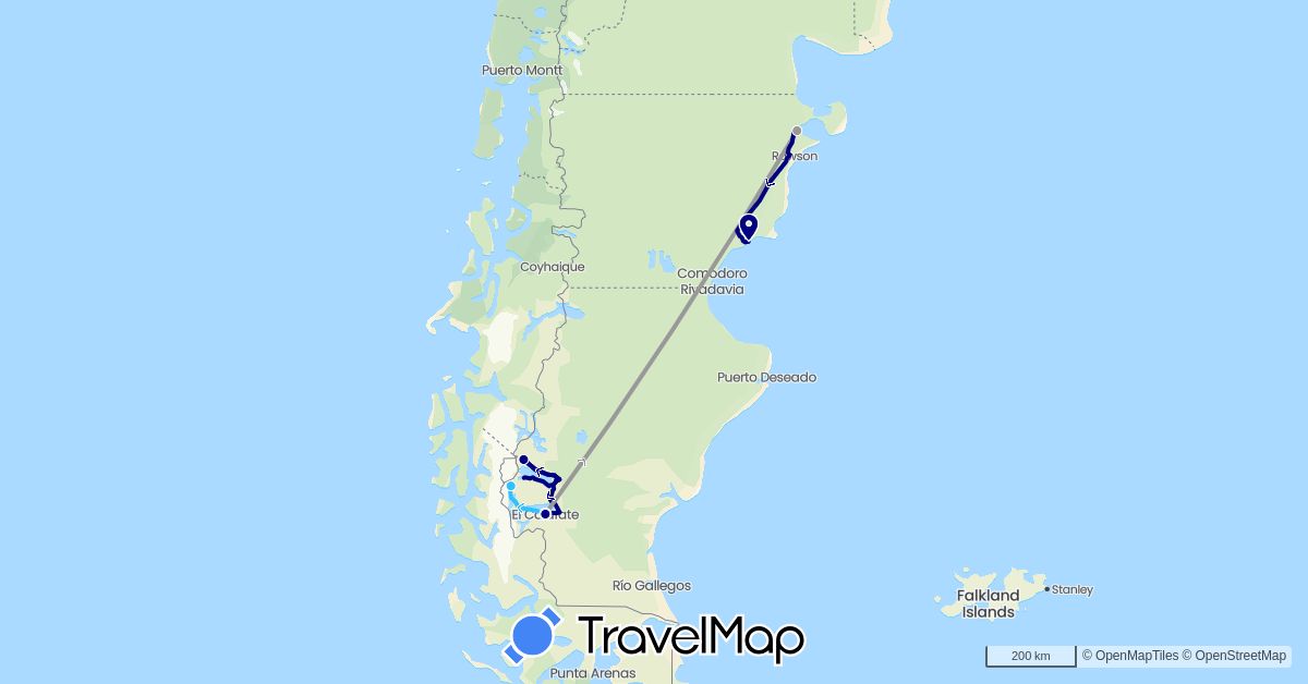 TravelMap itinerary: driving, plane, boat in Argentina (South America)