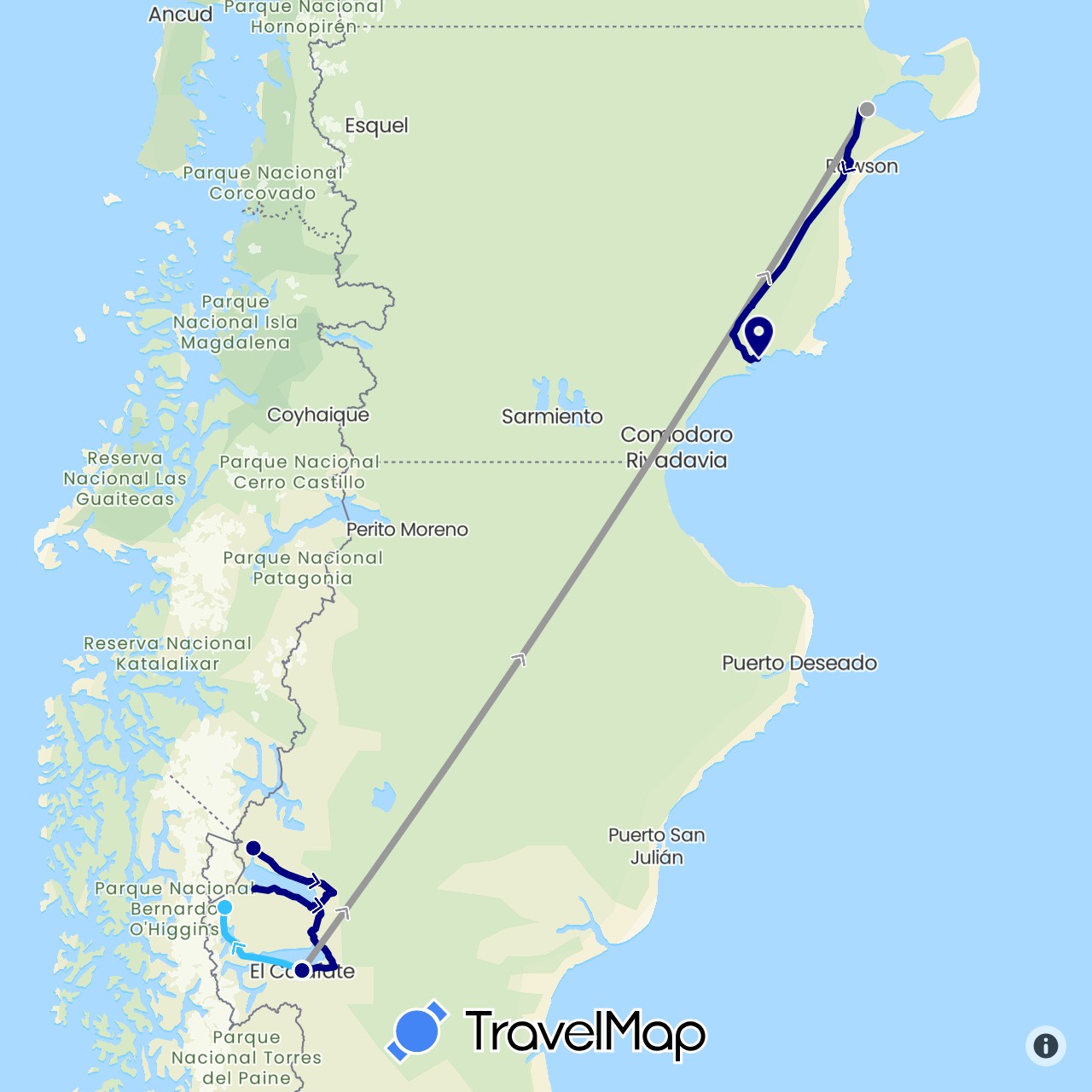 TravelMap itinerary: driving, plane, boat in Argentina (South America)
