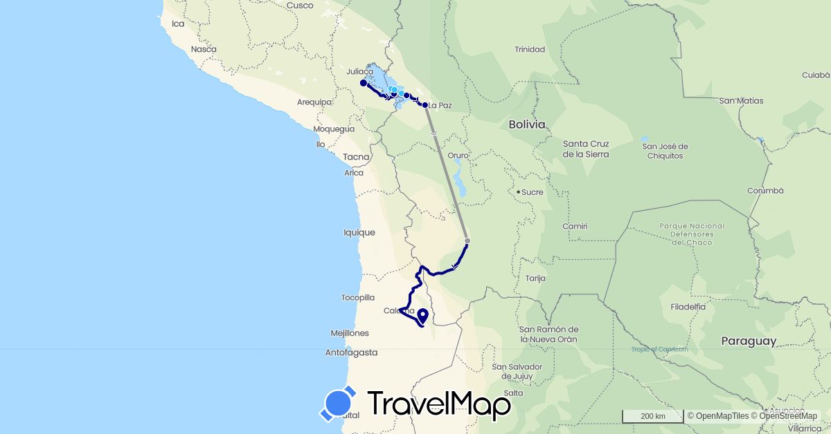 TravelMap itinerary: driving, plane, boat in Bolivia, Chile, Peru (South America)
