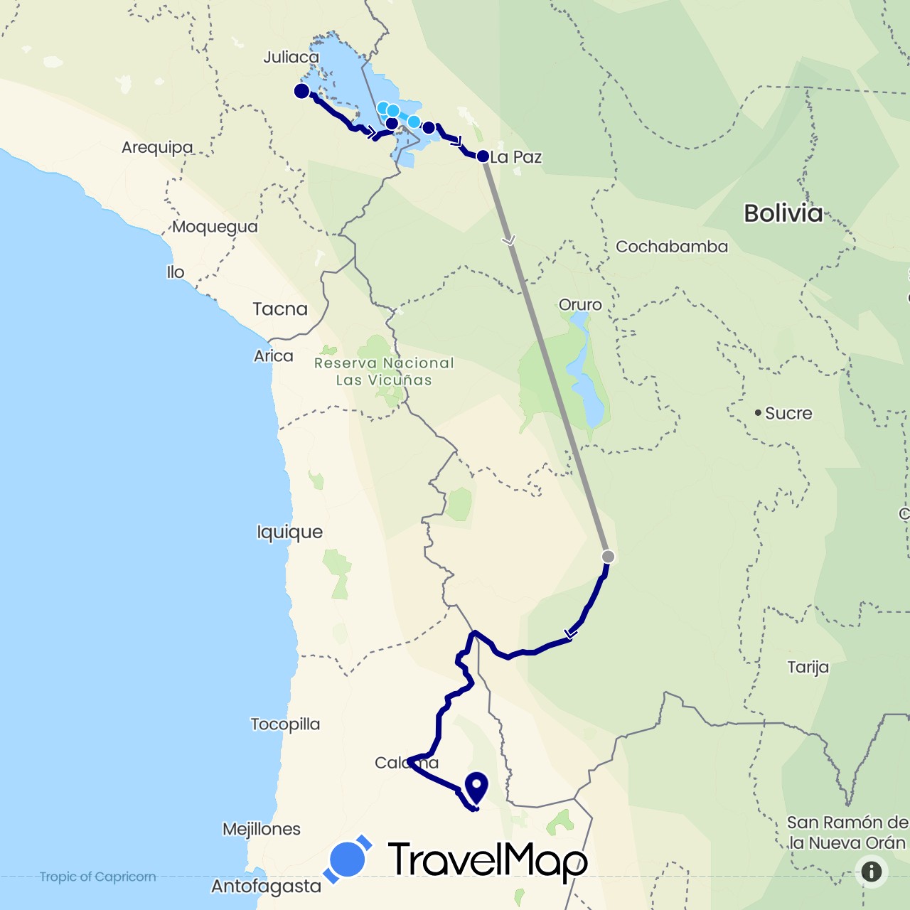 TravelMap itinerary: driving, plane, boat in Bolivia, Chile, Peru (South America)