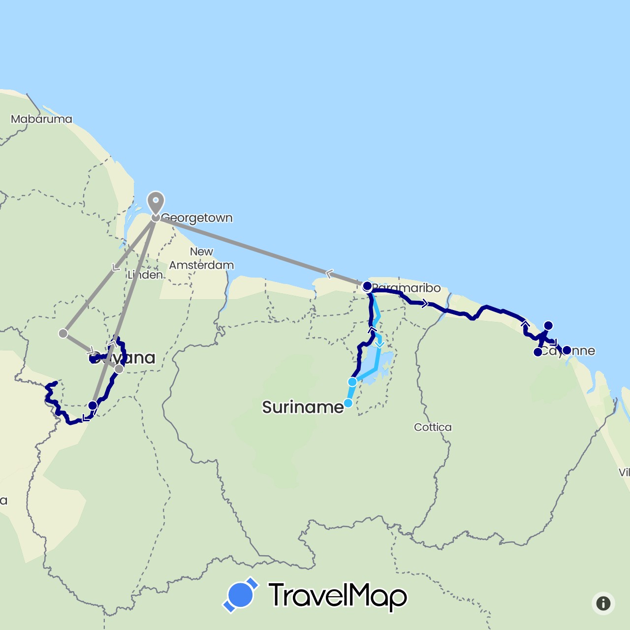 TravelMap itinerary: driving, plane, boat in France, Guyana, Suriname (Europe, South America)