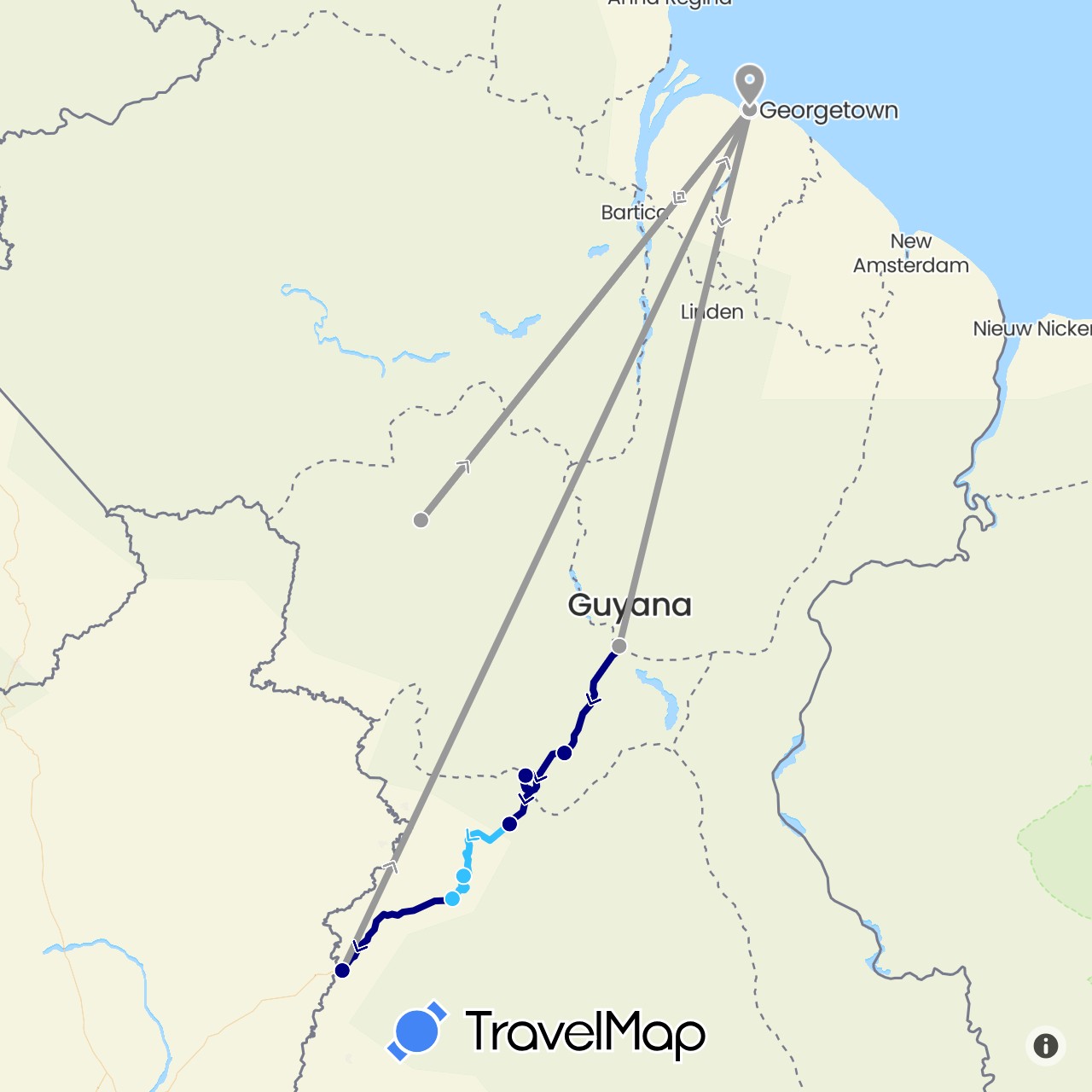 TravelMap itinerary: driving, plane, boat in Guyana (South America)