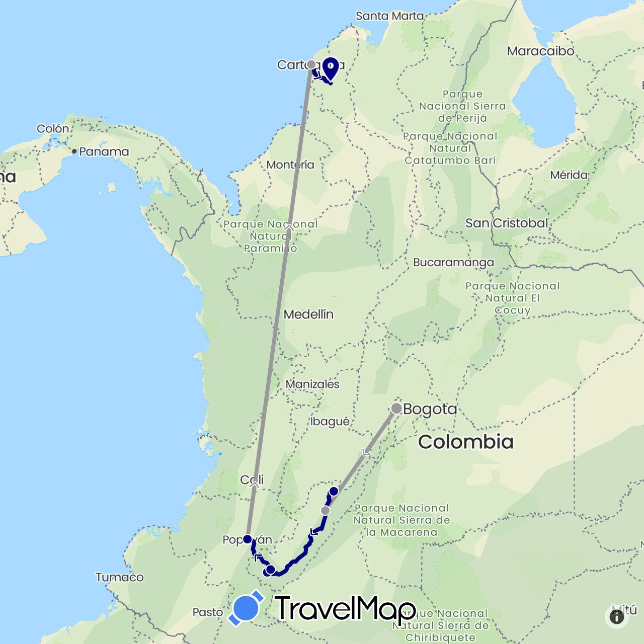 TravelMap itinerary: driving, plane in Colombia (South America)