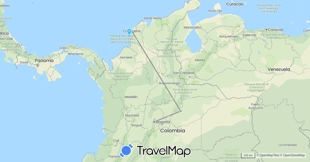 TravelMap itinerary: driving, plane, boat in Colombia (South America)