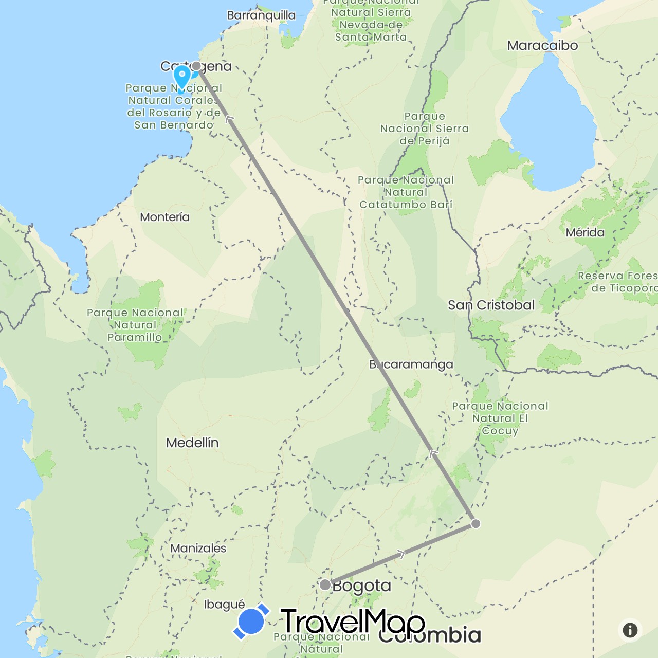 TravelMap itinerary: driving, plane, boat in Colombia (South America)