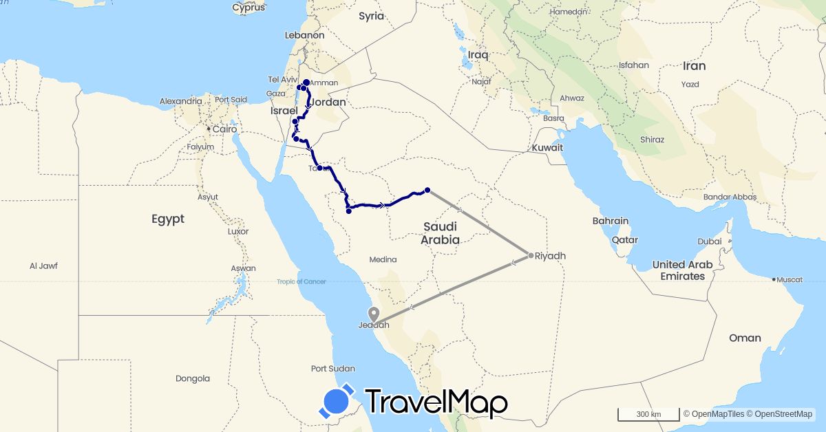 TravelMap itinerary: driving, plane in Jordan, Saudi Arabia (Asia)