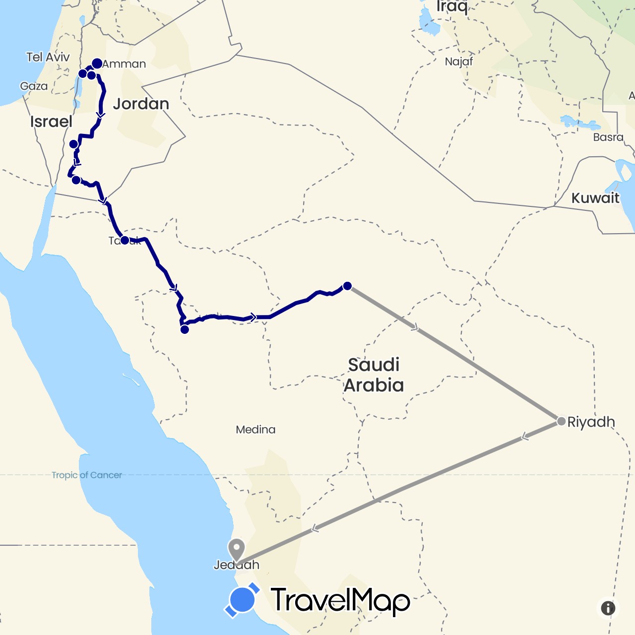 TravelMap itinerary: driving, plane in Jordan, Saudi Arabia (Asia)