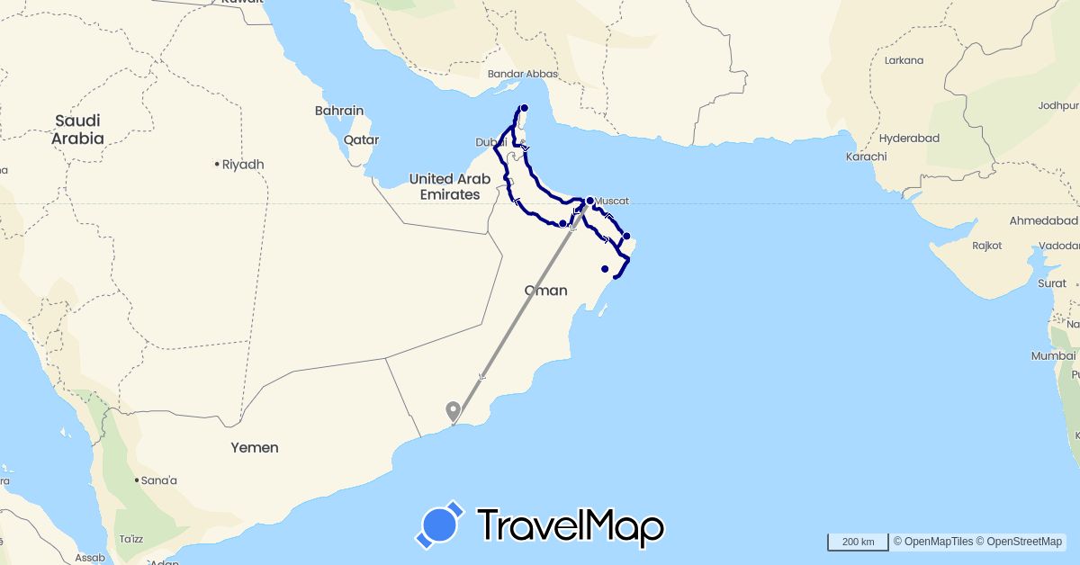 TravelMap itinerary: driving, plane in Oman (Asia)