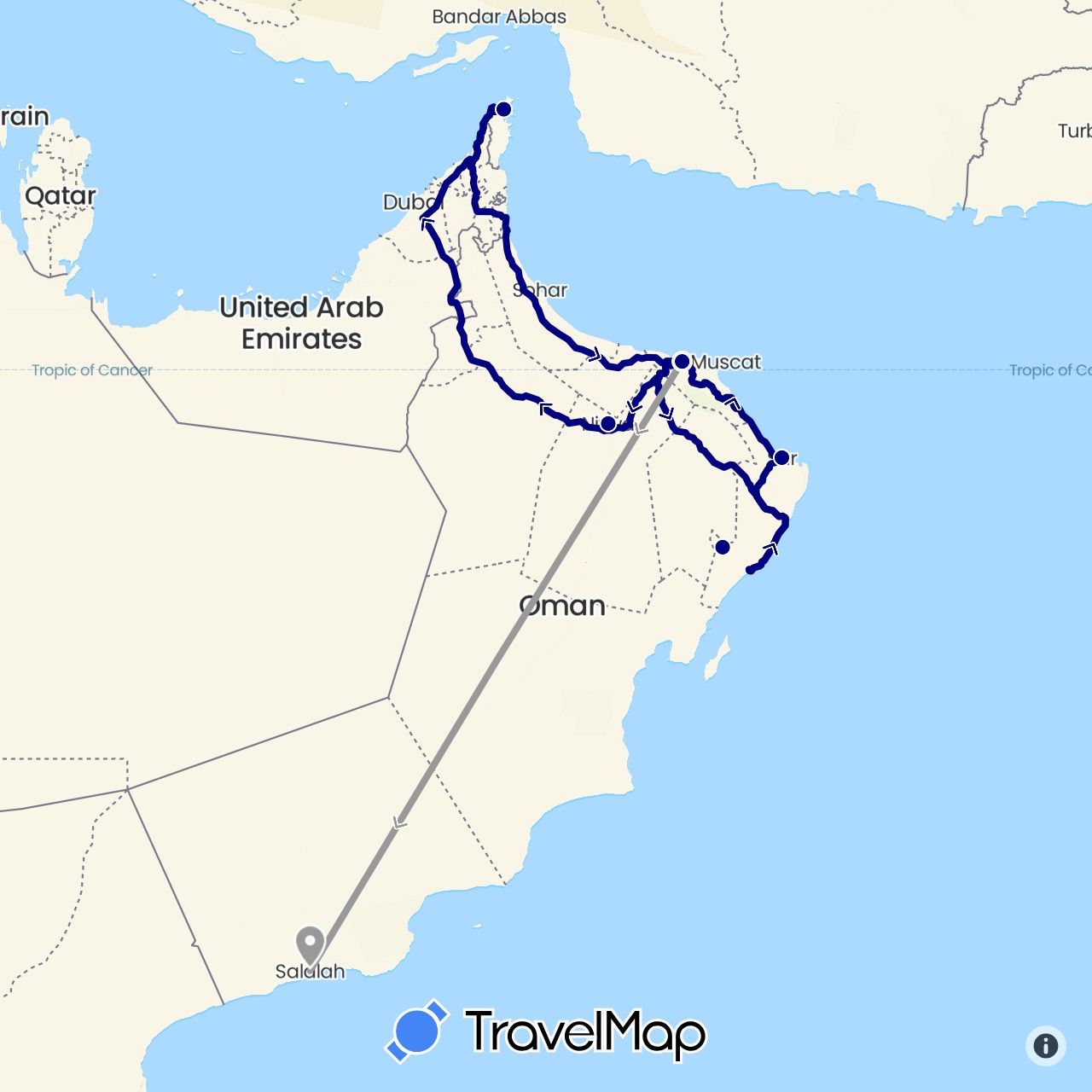 TravelMap itinerary: driving, plane in Oman (Asia)