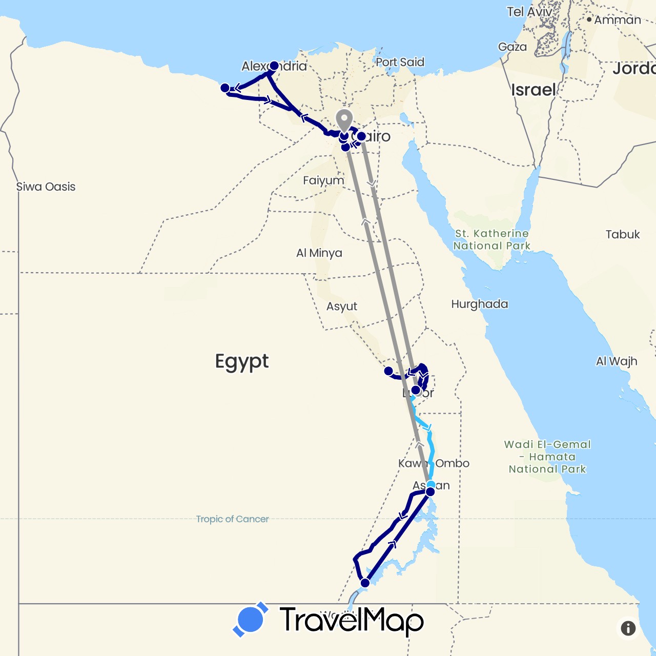 TravelMap itinerary: driving, plane, boat in Egypt (Africa)