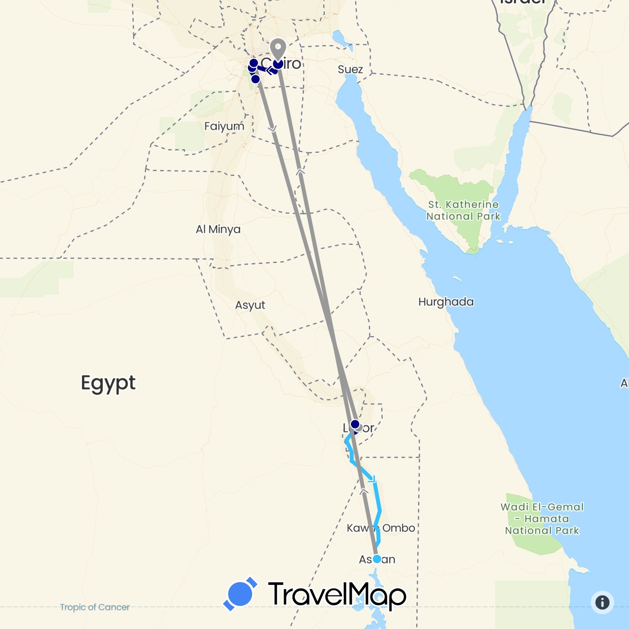 TravelMap itinerary: driving, plane, boat in Egypt (Africa)