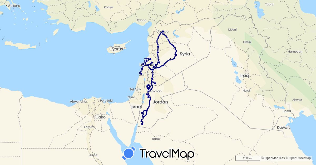 TravelMap itinerary: driving in Jordan, Lebanon, Syria (Asia)