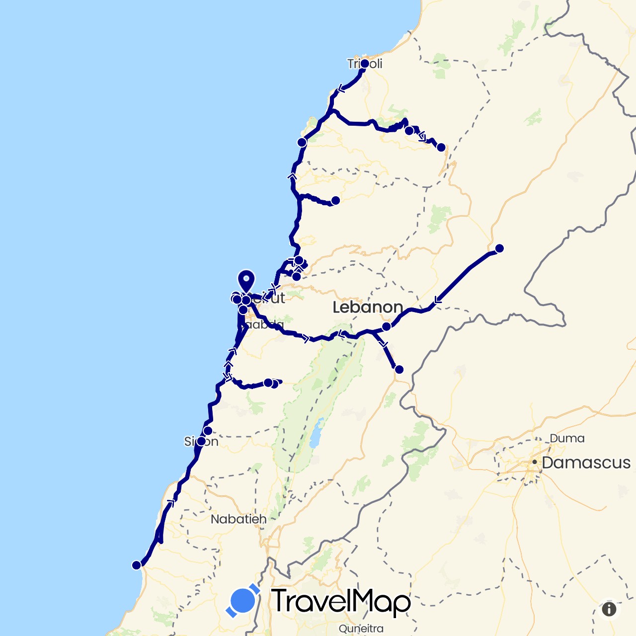 TravelMap itinerary: driving in Lebanon (Asia)