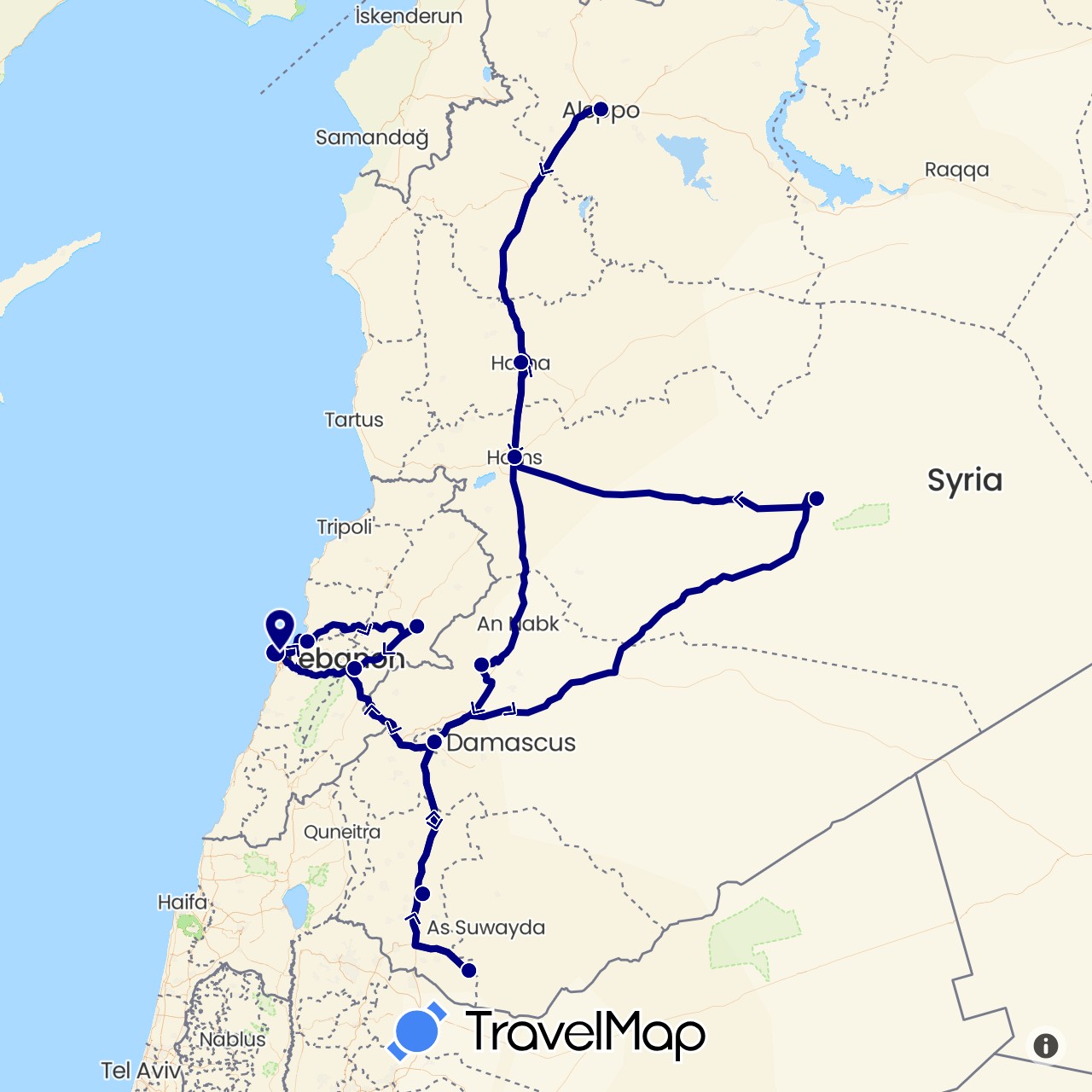 TravelMap itinerary: driving in Lebanon, Syria (Asia)