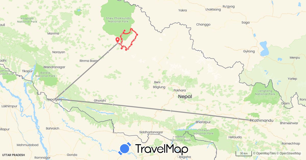 TravelMap itinerary: driving, plane, hiking in Nepal (Asia)